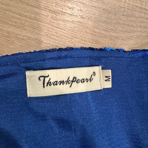 THANK PEARL WOMENS MEDIUM BLUE SEQUIN CARDIGAN SWEATER - Picture 6 of 7